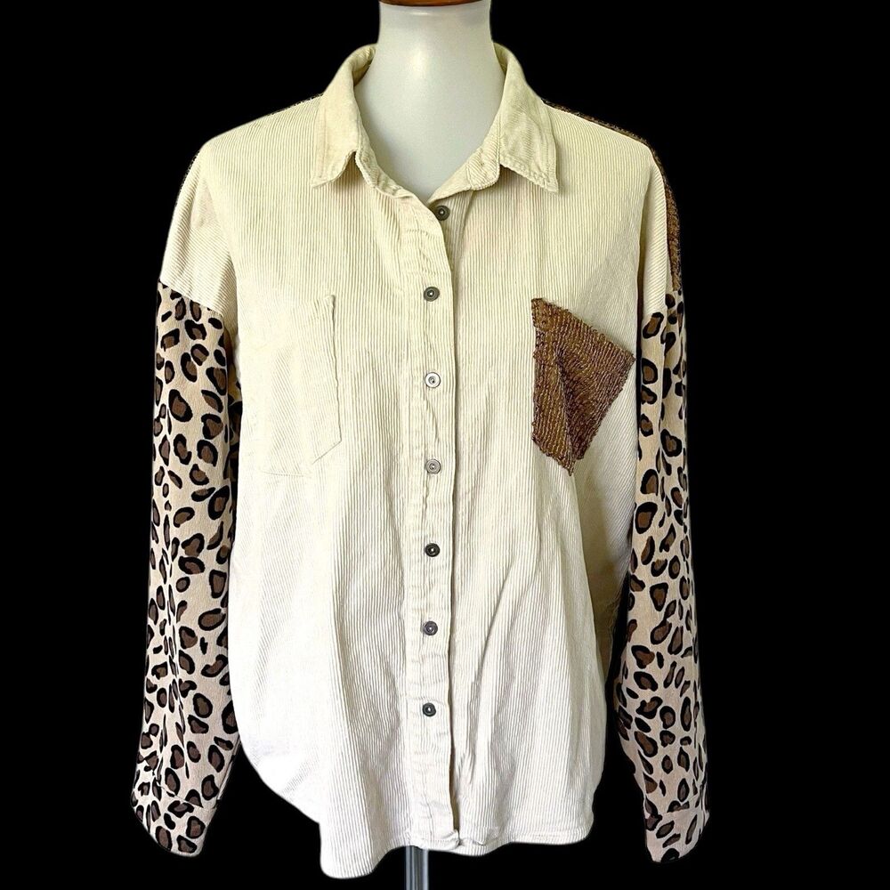 Umgee Sequin Leopard Animal Print Corduroy Shirt Jacket Shacket L Large Boho